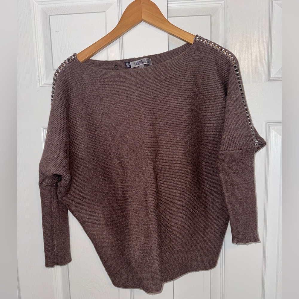 Jennifer Lopez Chain Shoulder Sweater Taupe Dolman Sleeve Knit Top M